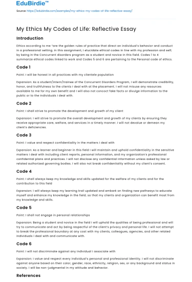 My Ethics My Codes of Life: Reflective Essay