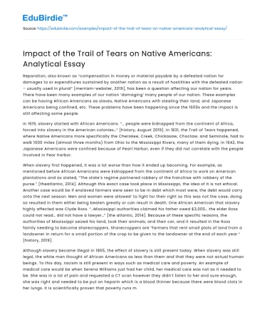 Impact of the Trail of Tears on Native Americans: Analytical Essay