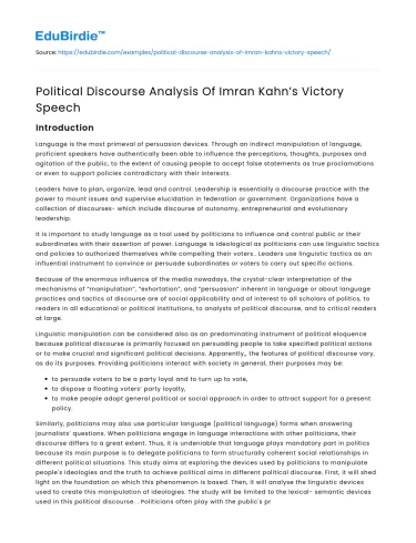 Political Discourse Analysis Of Imran Kahn’s Victory Speech