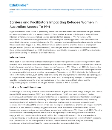 Refugee Women’s Access to PPH in Australia: Barriers & Facilitators