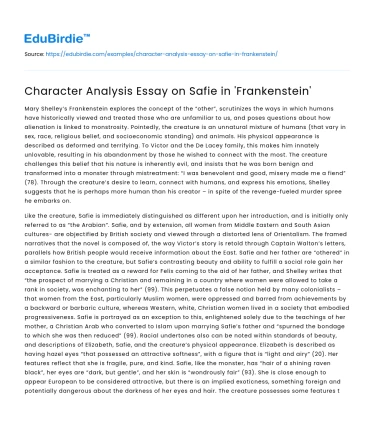 Character Analysis Essay on Safie in ‘Frankenstein’