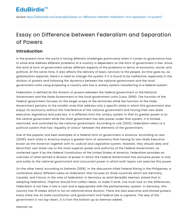 Essay on Difference between Federalism and Separation of Powers