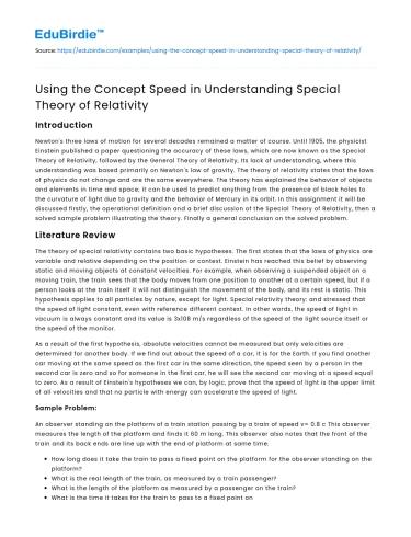 Using the Concept Speed in Understanding Special Theory of Relativity