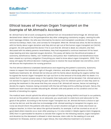 Ethical Issues of Human Organ Transplant: Mr Ahmad’s Case