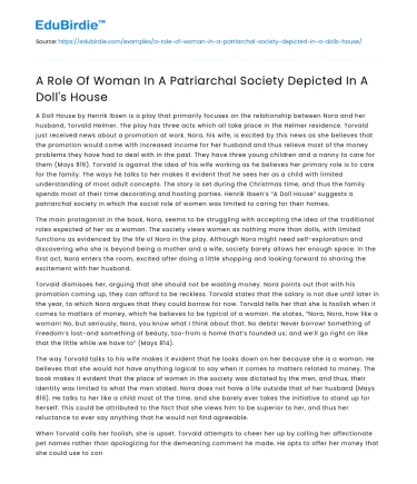 A Role Of Woman In A Patriarchal Society Depicted In A Doll’s House