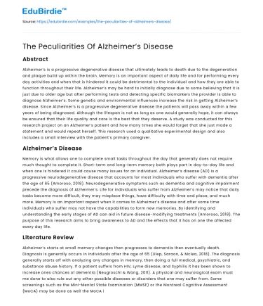 The Peculiarities Of Alzheimer’s Disease