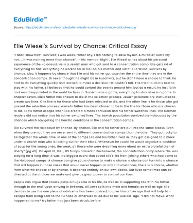 Elie Wiesel’s Survival by Chance: Critical Essay