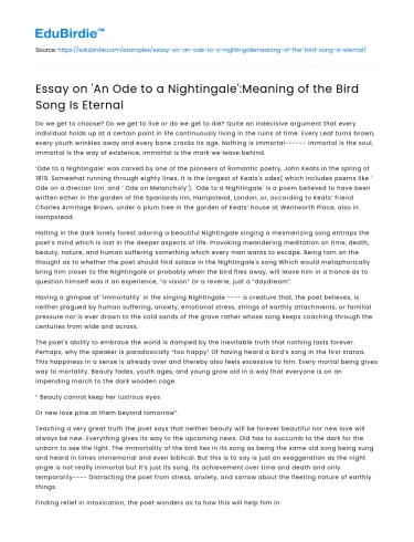 Essay on ‘An Ode to a Nightingale’:Meaning of the Bird Song Is Eternal