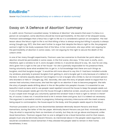 Essay on ‘A Defence of Abortion’ Summary