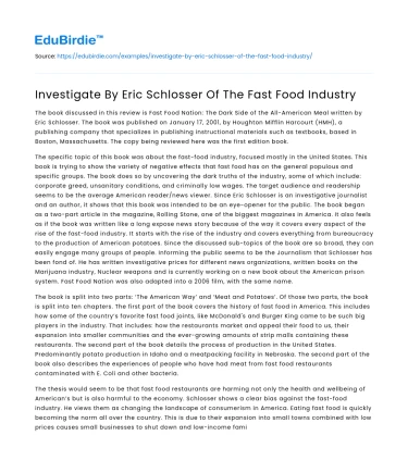 Investigate By Eric Schlosser Of The Fast Food Industry