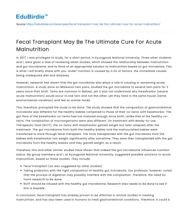 Fecal Transplant May Be The Ultimate Cure For Acute Malnutrition