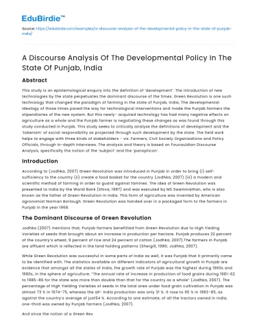 Discourse Analysis of Developmental Policy in Punjab, India