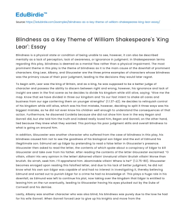 Blindness as a Key Theme of William Shakespeare’s ‘King Lear’: Essay