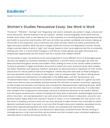 Women’s Studies Persuasive Essay: Sex Work Is Work