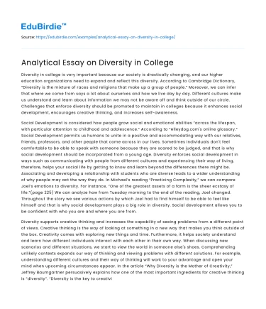 Analytical Essay on Diversity in College