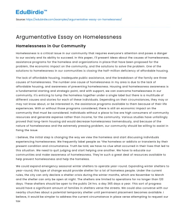 Argumentative Essay on Homelessness