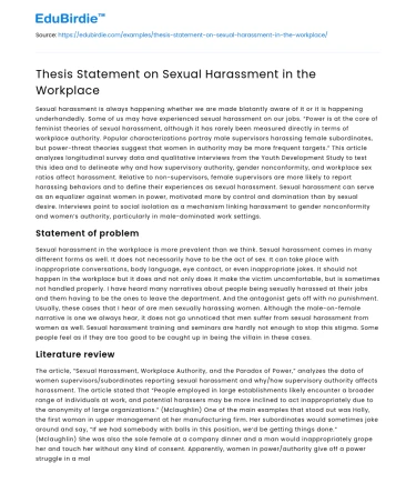 Thesis Statement on Sexual Harassment in the Workplace