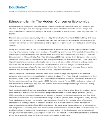 Ethnocentrism In The Modern Consumer Economics