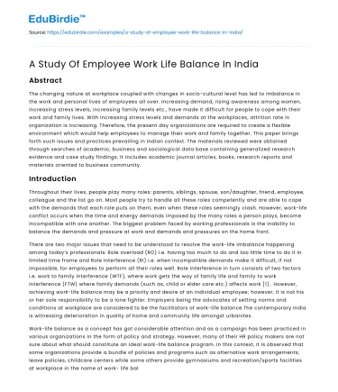 A Study Of Employee Work Life Balance In India