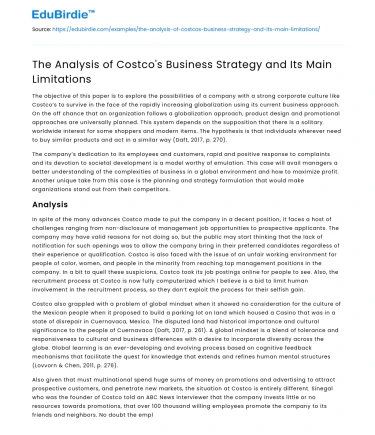 The Analysis of Costco’s Business Strategy and Its Main Limitations