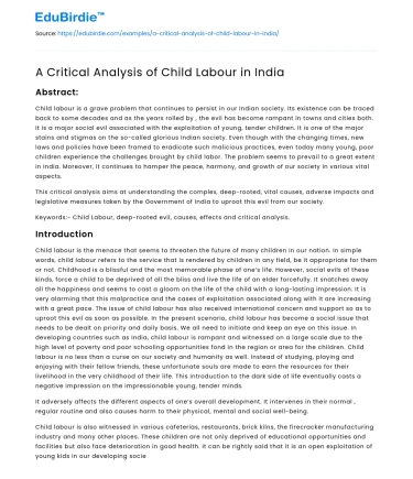 A Critical Analysis of Child Labour in India