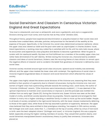 Social Darwinism and Classism in Victorian England and Great Expectations