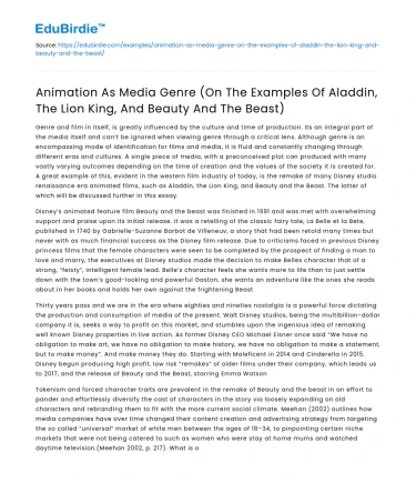 Animation as Media Genre: Aladdin, Lion King, Beauty and Beast