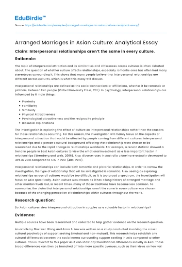 Arranged Marriages in Asian Culture: Analytical Essay