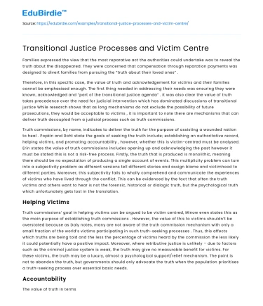 Transitional Justice Processes and Victim Centre