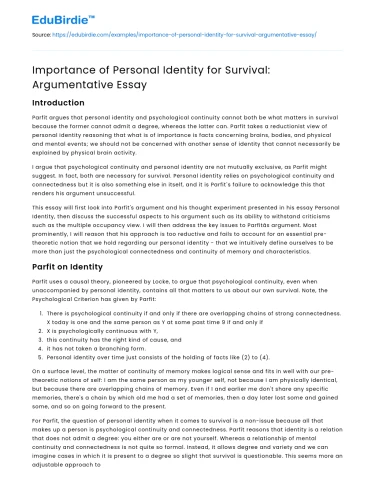 Importance of Personal Identity for Survival: Argumentative Essay