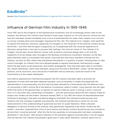Influence of German Film Industry in 1919-1945