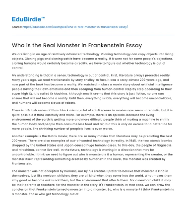 Who is the Real Monster in Frankenstein Essay