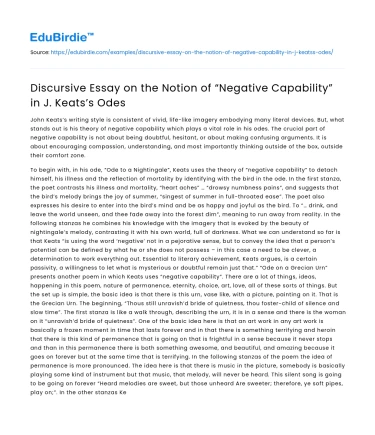 The Notion of “Negative Capability” in J Keats’s Odes
