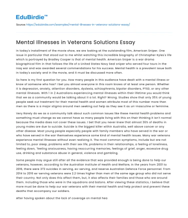 Mental Illnesses in Veterans Solutions Essay