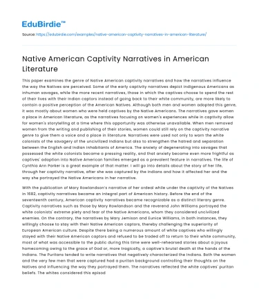 Native American Captivity Narratives in American Literature