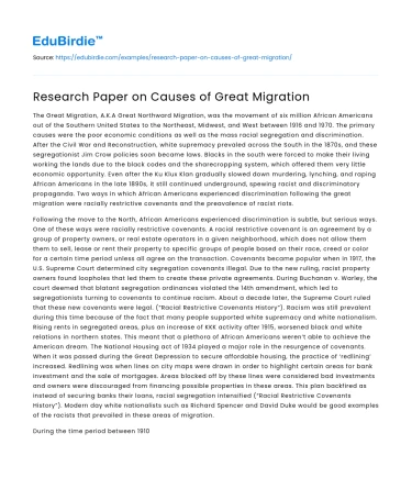 Research Paper on Causes of Great Migration