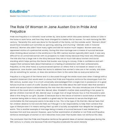 The Role Of Woman In Jane Austen Era In Pride And Prejudice