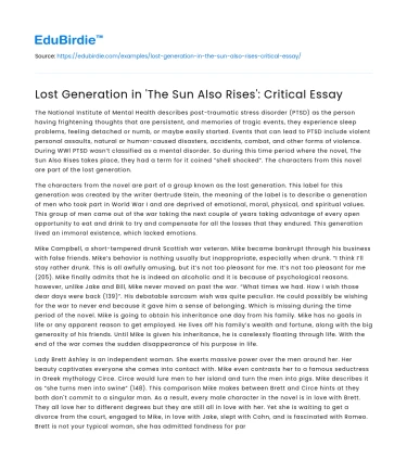 Lost Generation in ‘The Sun Also Rises’: Critical Essay
