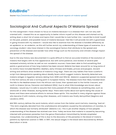 Sociological And Cultural Aspects Of Malaria Spread
