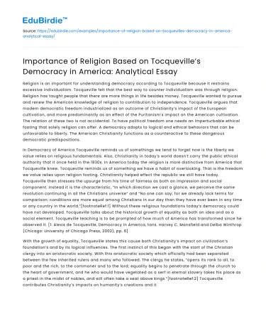Religion’s Importance in Tocqueville’s Democracy in America