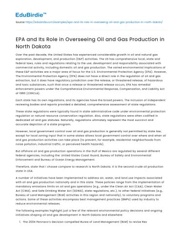 EPA and Its Role in Overseeing Oil and Gas Production in North Dakota