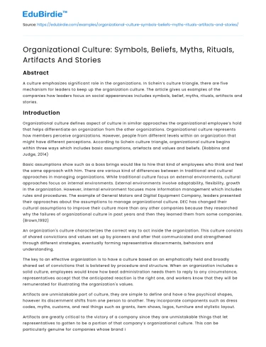Organizational Culture: Symbols, Beliefs, Myths, Rituals, Artifacts