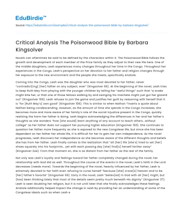 Critical Analysis The Poisonwood Bible by Barbara Kingsolver