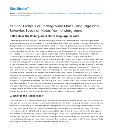 Analysis of Underground Man’s Language and Behavior in Notes from Underground
