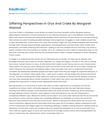 Differing Perspectives In Oryx And Crake By Margaret Atwood