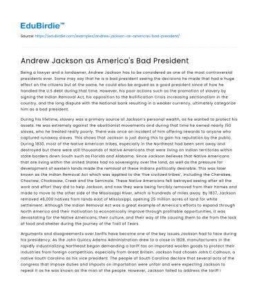 Andrew Jackson as America’s Bad President