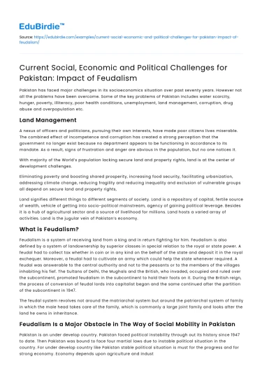 Challenges for Pakistan: Impact of Feudalism