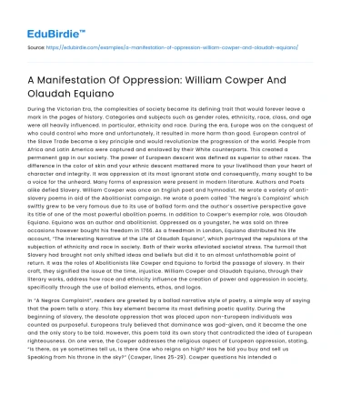 A Manifestation Of Oppression: William Cowper And Olaudah Equiano