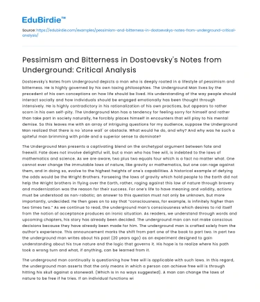 Pessimism in Dostoevsky’s Notes from Underground: Critical Analysis