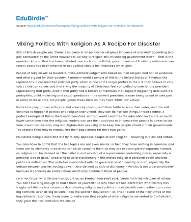 Mixing Politics With Religion As A Recipe For Disaster